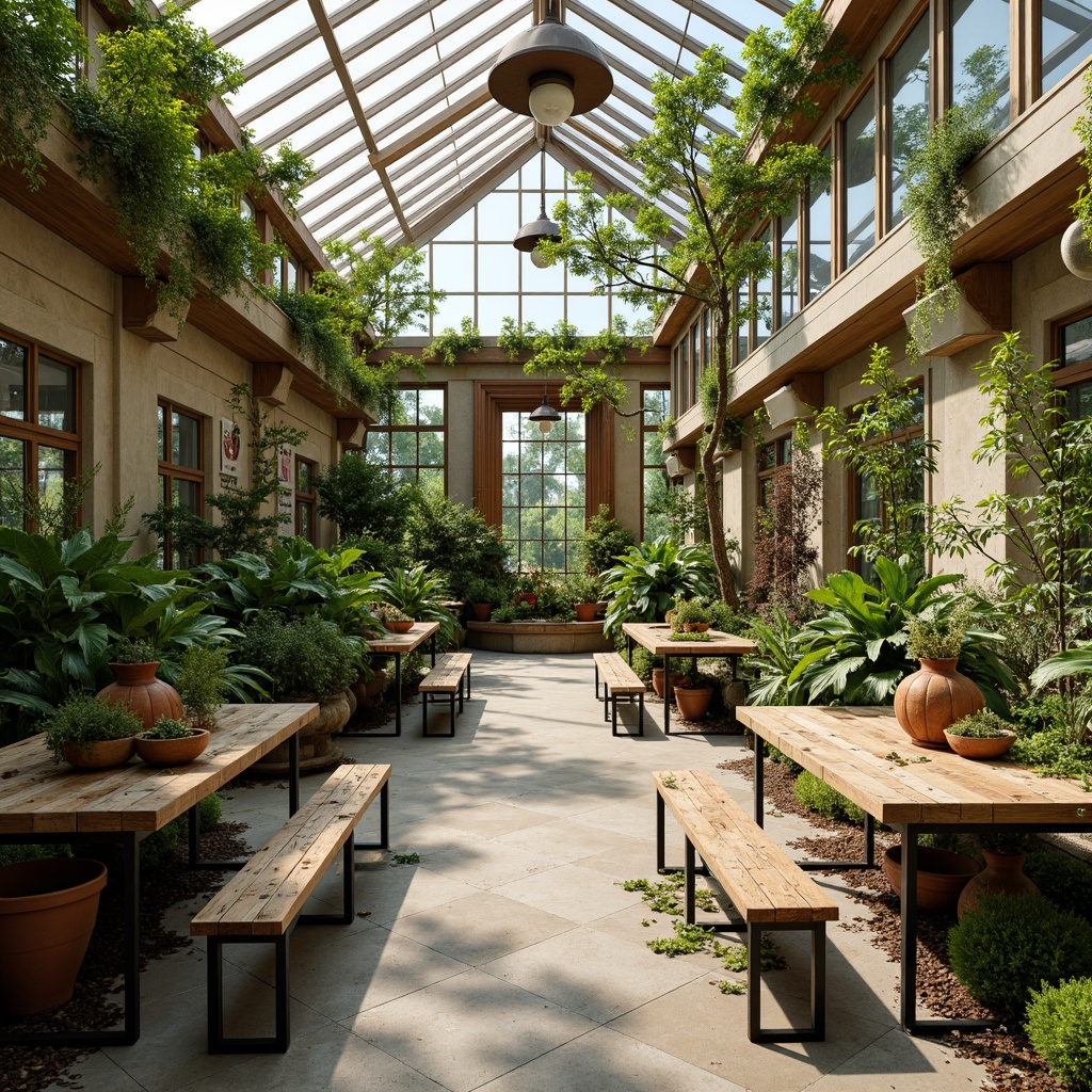 Prompt: Vibrant botanical greenhouse, lush greenery, natural wood accents, earthy terracotta planters, warm beige walls, soft moss tones, calming ferns, rustic metal fixtures, distressed wooden benches, educational posters, modern glass tables, industrial-style lighting, abundant natural light, shallow depth of field, 1/1 composition, realistic textures, ambient occlusion.