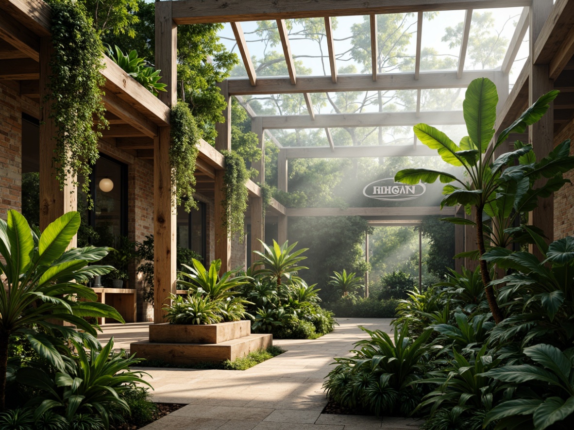 Prompt: Lush greenhouse interior, tropical plants, misty atmosphere, natural stone walls, wooden beams, rustic metal frames, glass roof, abundant sunlight, warm soft lighting, shallow depth of field, 3/4 composition, realistic textures, ambient occlusion, modern academic architecture, sleek lines, minimalist design, sustainable energy solutions, solar panels, water conservation systems, green roofs, eco-friendly materials, innovative cooling technologies, shaded outdoor spaces, misting systems, vibrant colorful accents, intricate geometric patterns.