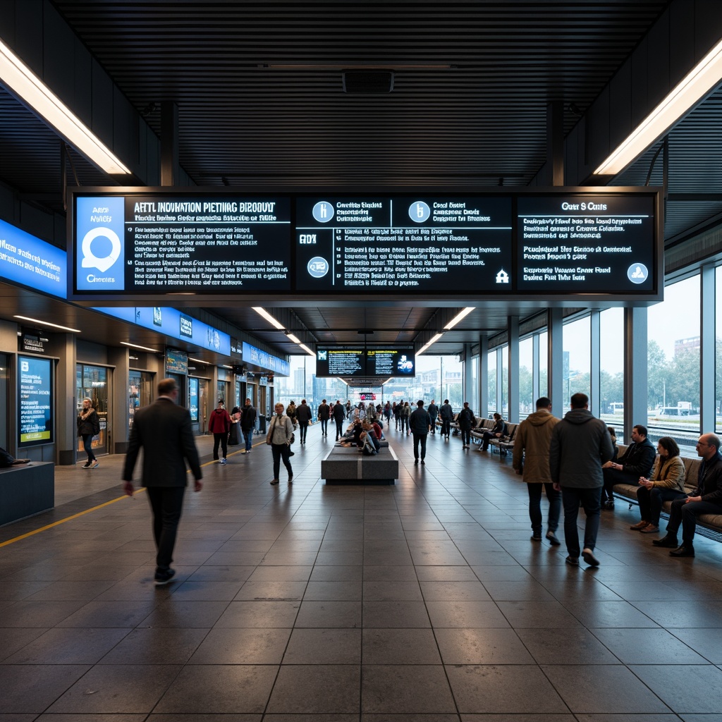 Prompt: Vibrant metro station interior, modern signage system, bold font displays, bright LED lighting, sleek metal frames, glass or acrylic signs, urban city atmosphere, rush hour crowds, busy commuters, clear wayfinding directions, informative announcements, dynamic digital displays, interactive kiosks, minimalist design aesthetic, neutral color palette, stainless steel accents, underground tunnel architecture, escalator connections, elevated platforms, panoramic views of train tracks.