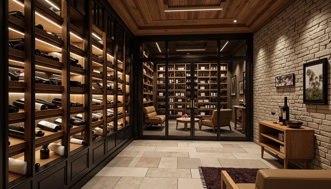 Prompt: Luxurious wine cellar, sophisticated climate control systems, precise temperature regulation, humidity management, advanced air purification, elegant wooden racks, glass-enclosed storage, dimmable LED lighting, stone flooring, rustic brick walls, modern minimalist design, sleek metal accents, comfortable seating areas, rich wood tones, warm ambient lighting, soft focus, shallow depth of field, 1/2 composition, realistic textures, subtle color grading.