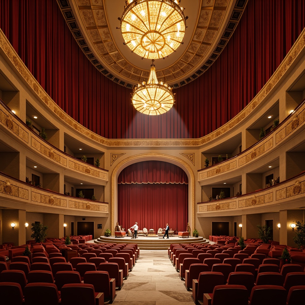 Prompt: Grand opera house, mid-century modern style, sweeping curves, ornate chandeliers, warm golden lighting, soft velvet drapes, luxurious marble floors, intricate wooden accents, majestic high ceilings, dramatic spotlights, warm ambiance, soft shadows, subtle color palette, 1/1 composition, symmetrical framing, realistic reflections, ambient occlusion, evening atmosphere, gentle glow.