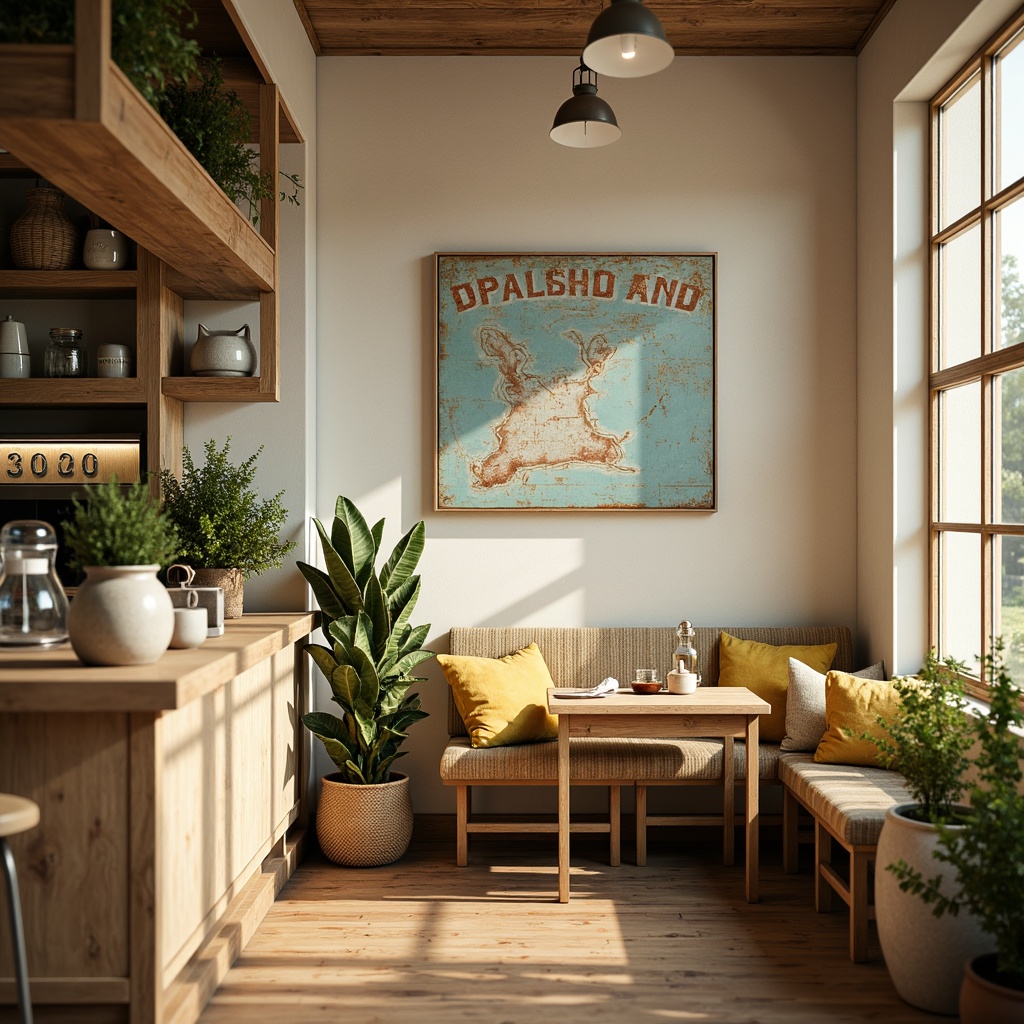 Prompt: Cozy breakfast nook, warm wooden tones, soft morning light, pastel color scheme, creamy whites, gentle blues, sunny yellows, natural textures, woven baskets, vintage metal signs, rustic wooden tables, plush cushions, fragrant coffee aromas, delicate ceramic vases, lush greenery, intimate ambiance, shallow depth of field, 1/1 composition, warm soft focus, realistic rendering.