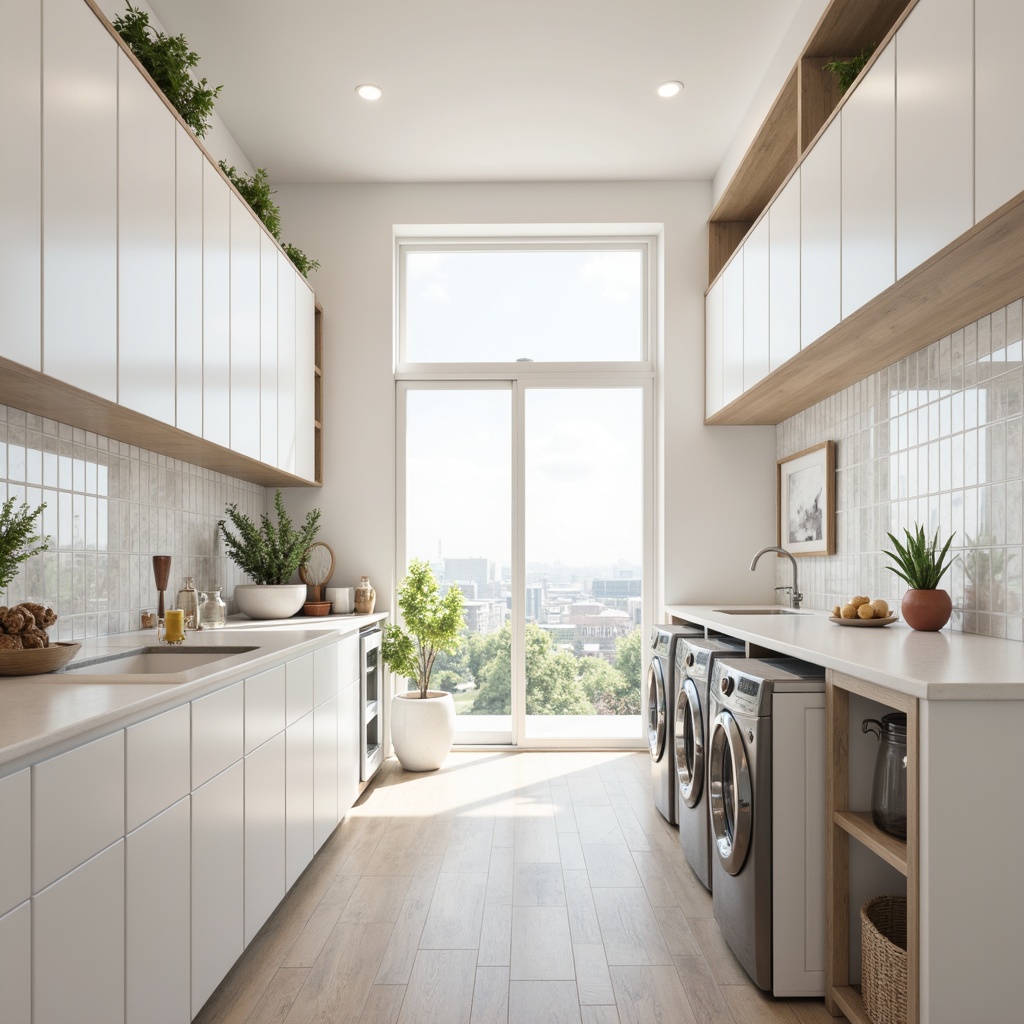 Prompt: Bright laundry room, large windows, soft natural lighting, pastel color scheme, minimalist decor, sleek cabinets, stainless steel appliances, white countertops, light wood flooring, subtle texture, airy atmosphere, gentle shadows, shallow depth of field, 1/1 composition, realistic render, ambient occlusion.