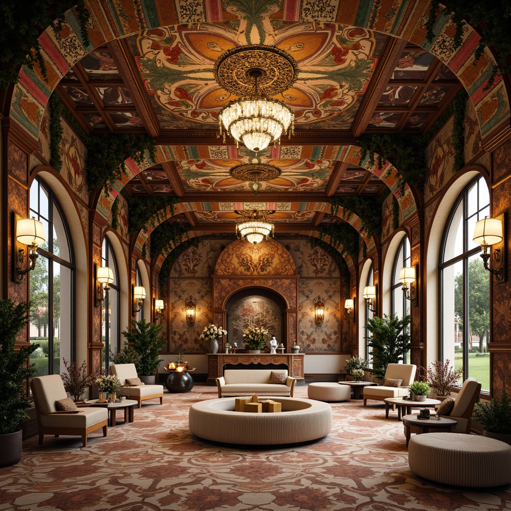 Prompt: Intricate floral patterns, sinuous organic lines, flowing tendrils, ornate metalwork, lavish glass decorations, majestic archways, grandiose facades, opulent furnishings, luxurious textiles, richly colored mosaics, beveled mirrors, gilded accents, delicate ceramics, whimsical sculptures, dramatic lighting fixtures, soft romantic colors, warm golden tones, 1/2 composition, symmetrical balance, high-contrast rendering, realistic reflections, ambient occlusion.