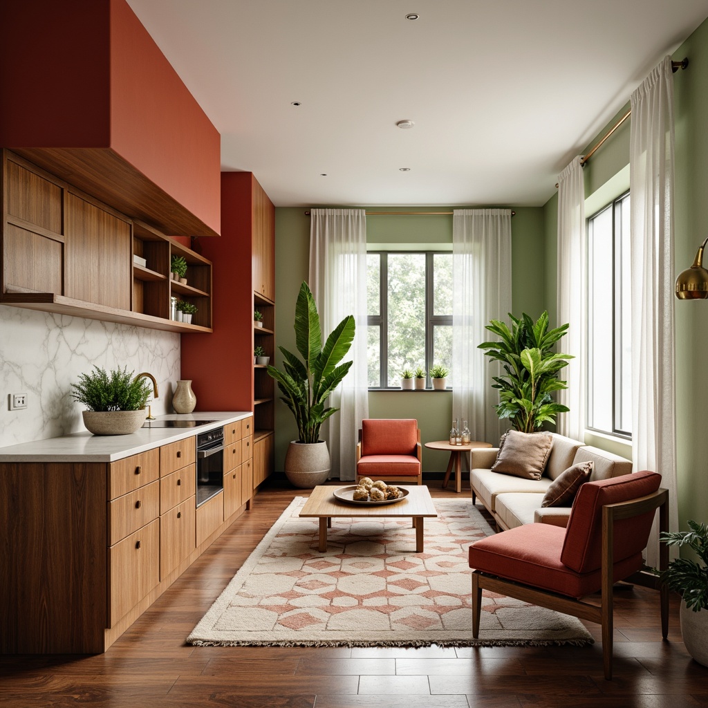 Prompt: Mid-century modern living room, warm walnut wood tones, rich terracotta red accents, soft sage green walls, creamy white marble countertops, sleek brass hardware, geometric patterned rugs, minimalist furniture designs, abundant natural light, sheer white curtains, lush potted plants, subtle texture contrasts, 1/1 composition, realistic render, atmospheric lighting, soft focus effect.