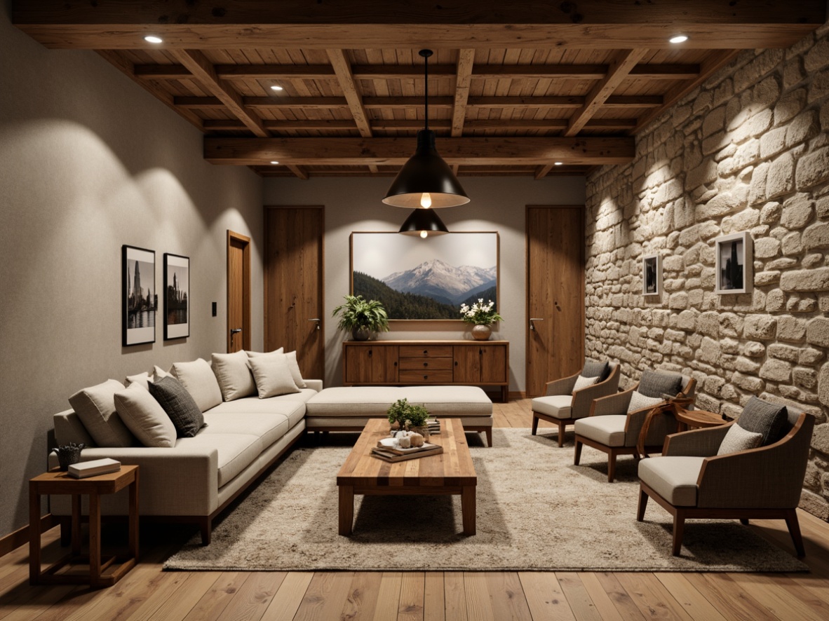 Prompt: Cozy basement living room, transitional style furniture, plush sectional sofas, reclaimed wood coffee tables, industrial metal lighting fixtures, natural stone walls, earthy tone area rugs, comfortable accent chairs, wooden console tables, modern minimalist decor, soft warm lighting, 1/1 composition, realistic textures, ambient occlusion.