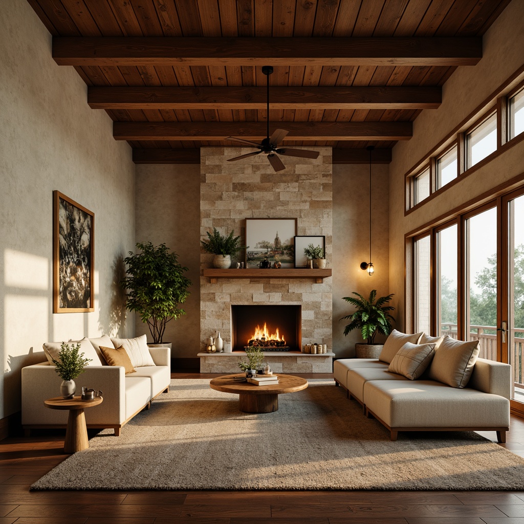 Prompt: Cozy great room, textured walls, warm earthy tones, natural stone accents, comfortable seating area, plush furniture, soft warm lighting, shallow depth of field, 1/1 composition, inviting atmosphere, wooden ceiling beams, rustic wooden floors, nature-inspired artwork, botanical elements, leafy greenery, calm ambiance, serene mood.