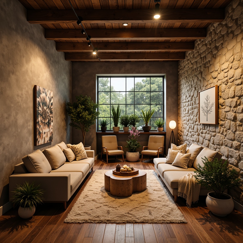 Prompt: Cozy basement, textured walls, earthy tones, natural stone accents, warm wooden floors, rustic metal beams, industrial-style lighting fixtures, modern minimalist furniture, plush area rugs, vibrant greenery, organic-shaped decorative accessories, soft warm lighting, shallow depth of field, 1/1 composition, realistic textures, ambient occlusion.