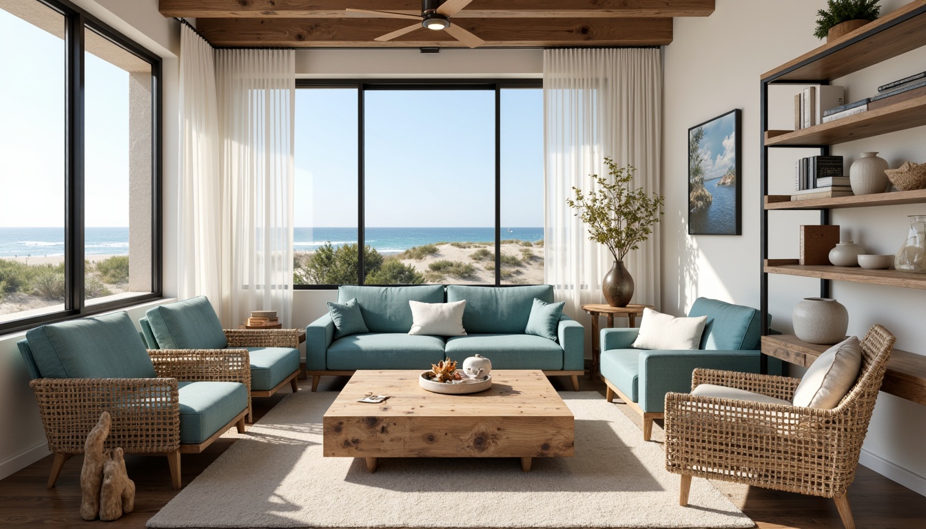 Prompt: Driftwood coffee table, woven sea grass armchairs, coral-inspired side tables, ocean-blue velvet sofas, natural fiber rugs, reclaimed wood shelving units, minimalist metal frames, beachy chic decor, coastal-themed artwork, soft warm lighting, sheer white curtains, floor-to-ceiling windows, sliding glass doors, ocean views, sandy dunes, seaside breeze, 1/1 composition, realistic textures, ambient occlusion.