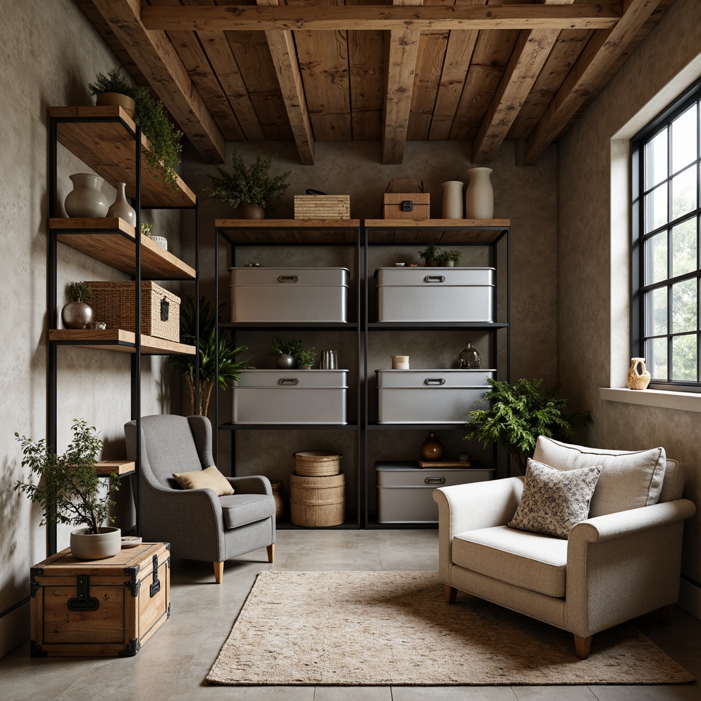 Prompt: Cozy storage room, industrial shelving units, metal containers, wooden crates, vintage trunks, soft warm lighting, earthy tone walls, concrete floors, rustic wooden accents, natural textiles, woven baskets, distressed finishes, muted color scheme, beige tones, weathered wood, matte black metal, creamy whites, warm grays, rich browns, subtle texture overlays, realistic reflections, ambient occlusion.