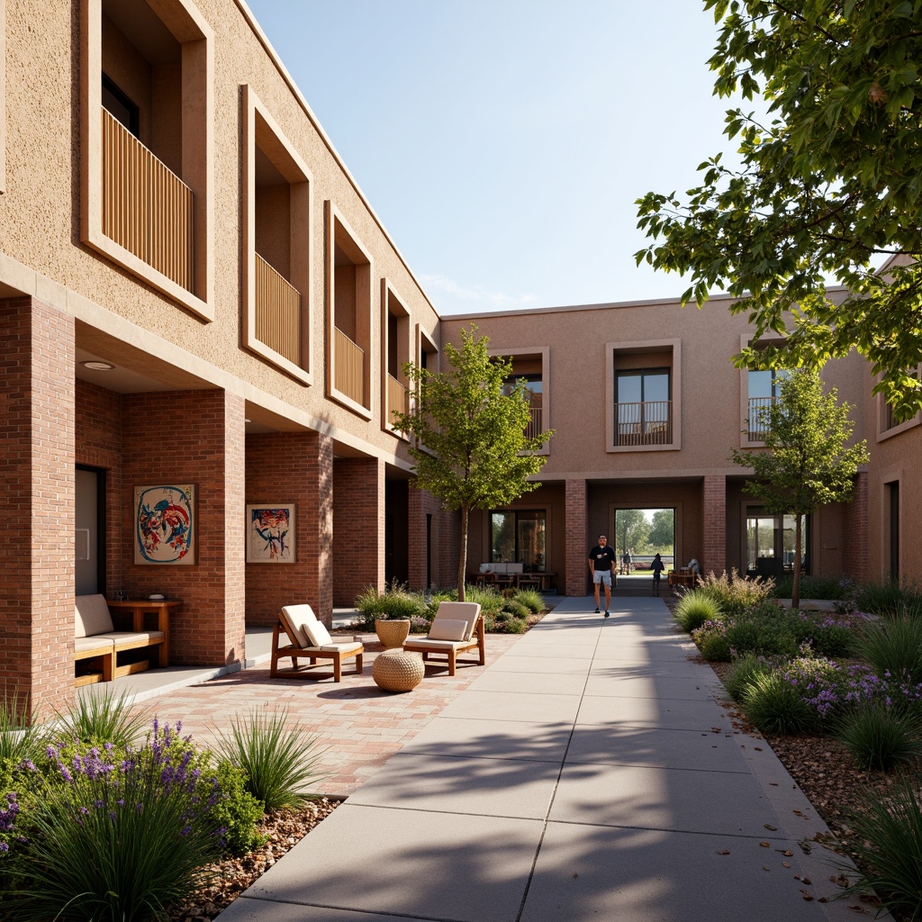 Prompt: Rustic middle school building, earthy tones, textured stucco walls, wooden accents, brick columns, decorative trims, casual courtyard, vibrant student artwork, eclectic furniture, natural stone pathways, lush greenery, blooming flowers, warm sunny day, soft diffused lighting, shallow depth of field, 3/4 composition, realistic textures, ambient occlusion.