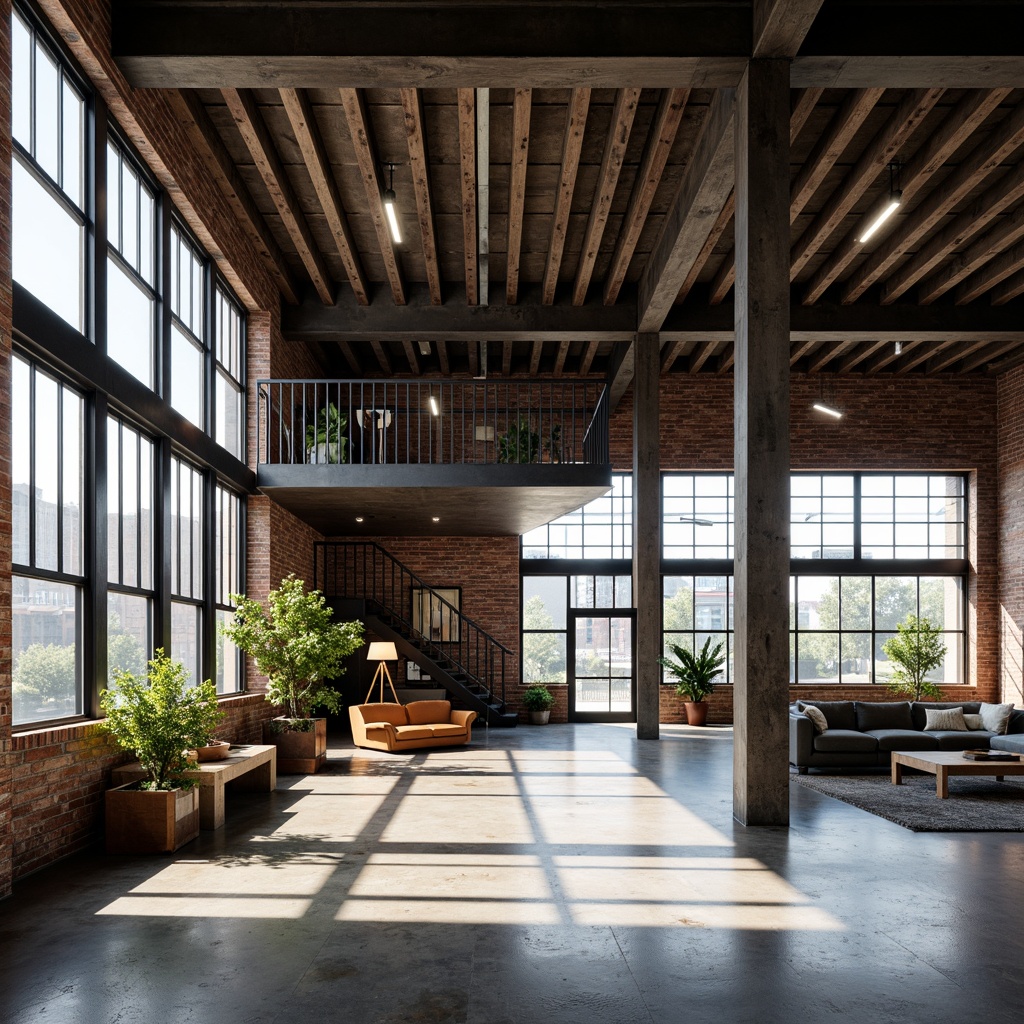 Prompt: Exposed steel beams, industrial chic aesthetic, polished concrete floors, minimalist decor, modern urban loft, high ceilings, floor-to-ceiling windows, abundant natural light, sleek metal staircase, reclaimed wood accents, distressed brick walls, raw unfinished textures, bold architectural lines, dramatic shadows, low-angle photography, 1/1 composition, high-contrast lighting, realistic rendering.