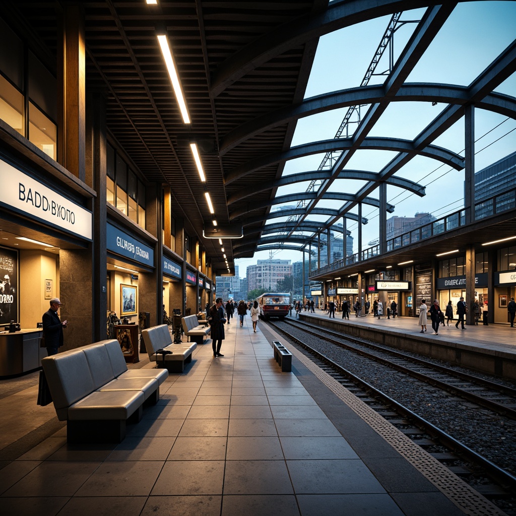 Prompt: Elegant train station, modern architecture, sleek metal fixtures, futuristic lighting designs, suspended ceiling lamps, neon-lit advertisements, polished stainless steel benches, urban cityscape, bustling commuter atmosphere, warm ambient glow, high-contrast lighting, dramatic shadows, cinematic composition, 1/2 depth of field, realistic reflections, intricate metallic details.