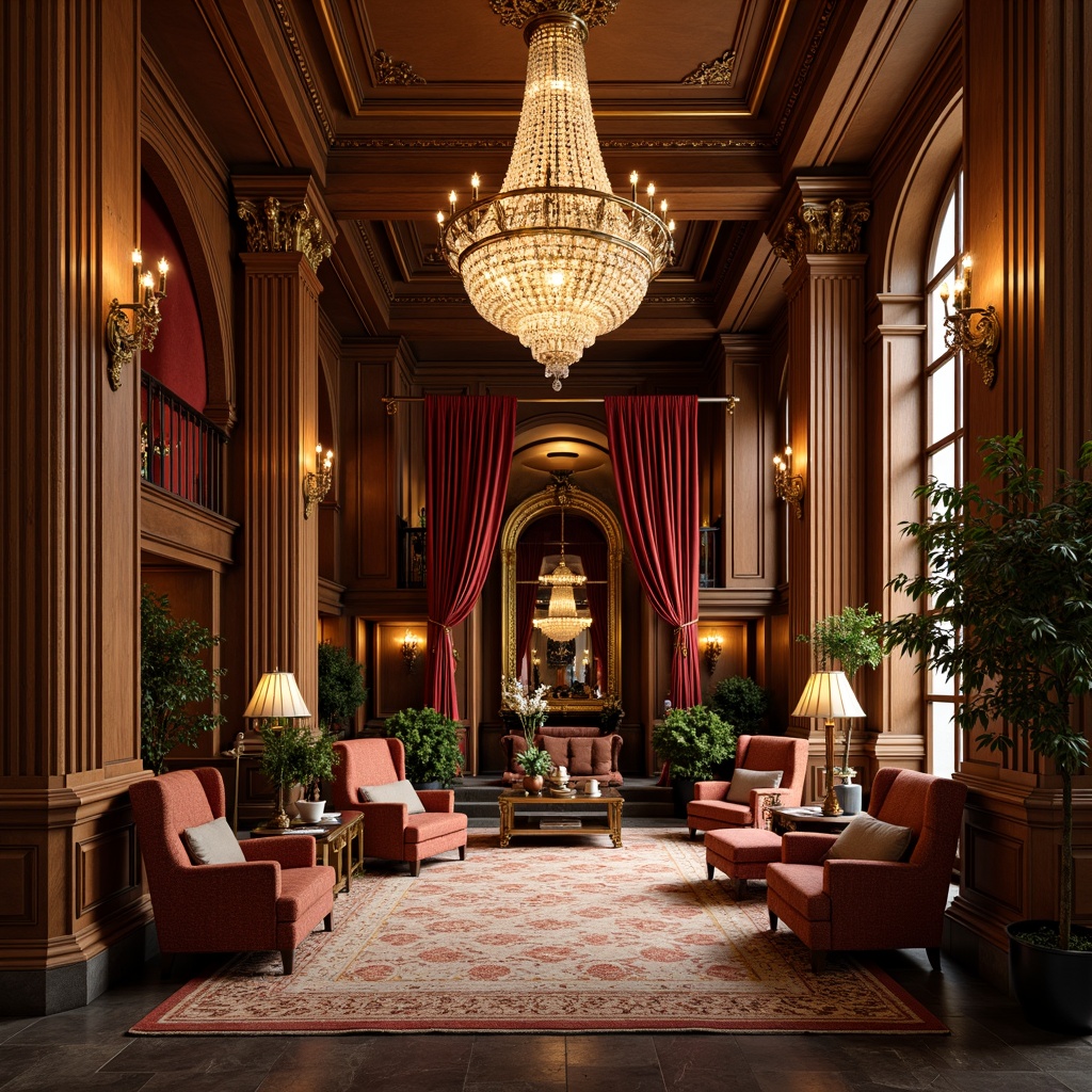 Prompt: Luxurious lobby, opulent chandeliers, rich wood paneling, velvet drapes, ornate furnishings, intricate carvings, elegant armchairs, lavish rugs, classic European architecture, grand staircases, imposing columns, warm golden lighting, soft diffused shadows, 1/1 composition, realistic textures, ambient occlusion.