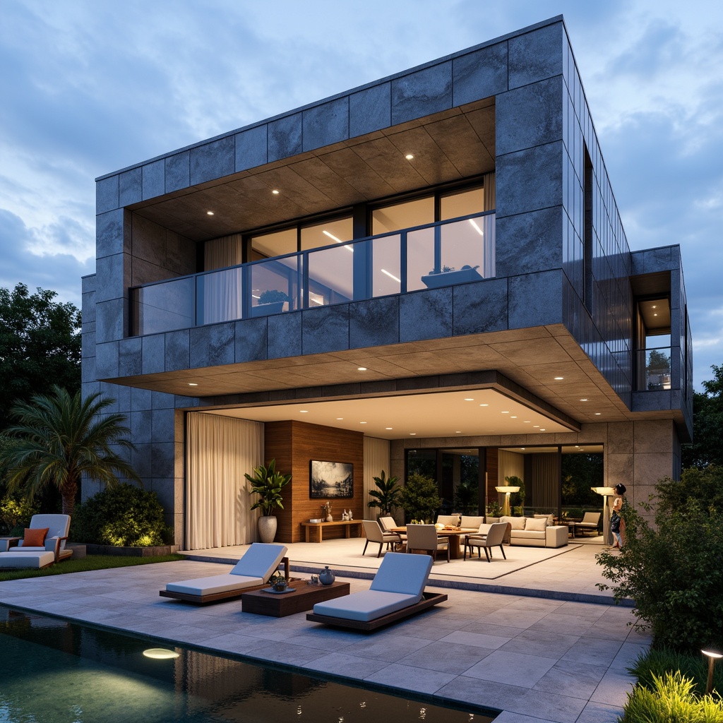 Prompt: Elegant luxury villa, granite exterior cladding, high-gloss finishes, sophisticated modern architecture, angular lines, minimalist design, spacious open-plan living area, natural stone flooring, polished surfaces, ambient warm lighting, soft focus, shallow depth of field, 1/1 composition, realistic textures, intricate stonework patterns.