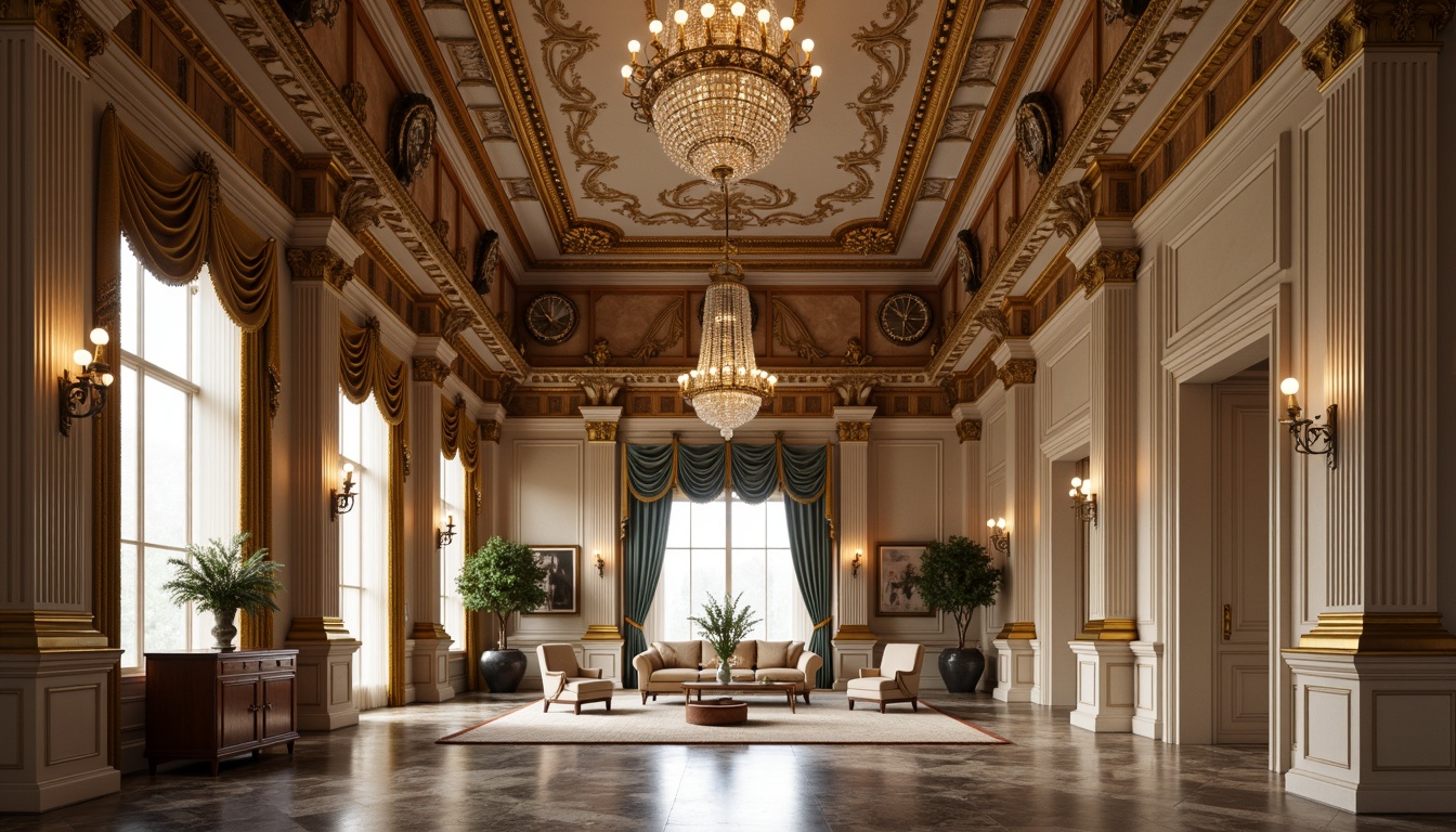 Prompt: Elegant neoclassical interior, rich wood paneling, ornate moldings, intricate carvings, luxurious fabrics, velvet drapes, golden accents, crystal chandeliers, marble floors, stately columns, symmetrical compositions, soft warm lighting, subtle shadows, 1/1 aspect ratio, realistic textures, ambient occlusion, warm beige tones, creamy whites, rich walnut browns, deep emerald greens, majestic blues.