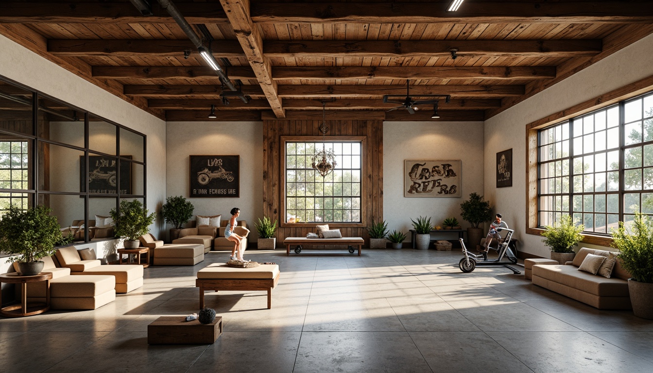 Prompt: Rustic farmhouse style, open space layout, reclaimed wood accents, metal beams, natural stone flooring, earthy color palette, vintage farm equipment decor, modern fitness machines, free weights area, mirrored walls, wooden benches, motivational quotes, soft warm lighting, shallow depth of field, 3/4 composition, panoramic view, realistic textures, ambient occlusion.