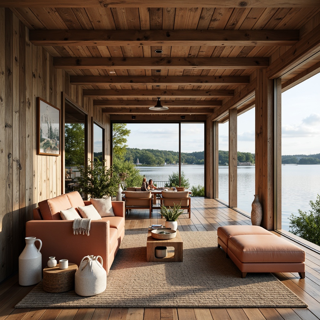 Prompt: Cozy boathouse interior, rustic wooden accents, nautical theme, calming lake views, soft warm lighting, natural textiles, woven baskets, vintage marine artifacts, distressed wood finishes, earthy tones, sage greens, weathered blues, sandy neutrals, driftwood grays, creamy whites, rich leathers, plush throw blankets, warm beige rugs, soft peach upholstery, ocean-inspired patterns, subtle wave motifs, elegant brass fixtures, modern minimalist decor, airy open layout, floor-to-ceiling windows, sliding glass doors, serene atmosphere, peaceful ambiance.