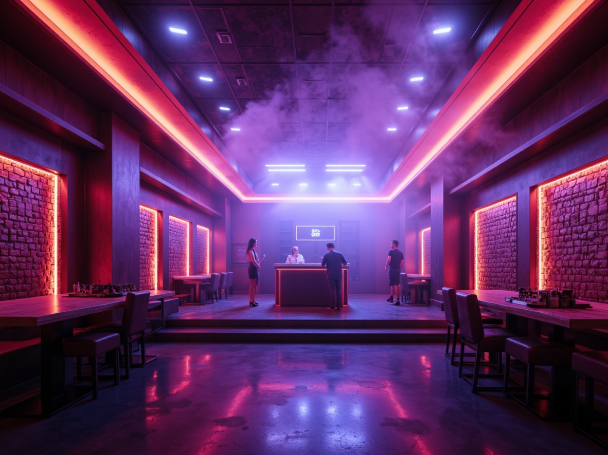 Prompt: Vibrant nightclub, pulsing neon lights, fog machines, strobe lights, DJ booth, dance floor, textured walls with metallic finish, dark tones, glossy surfaces, LED light installations, futuristic architecture, sleek lines, minimalist decor, ambient lighting, 3/4 composition, shallow depth of field, realistic textures, atmospheric smoke effects.