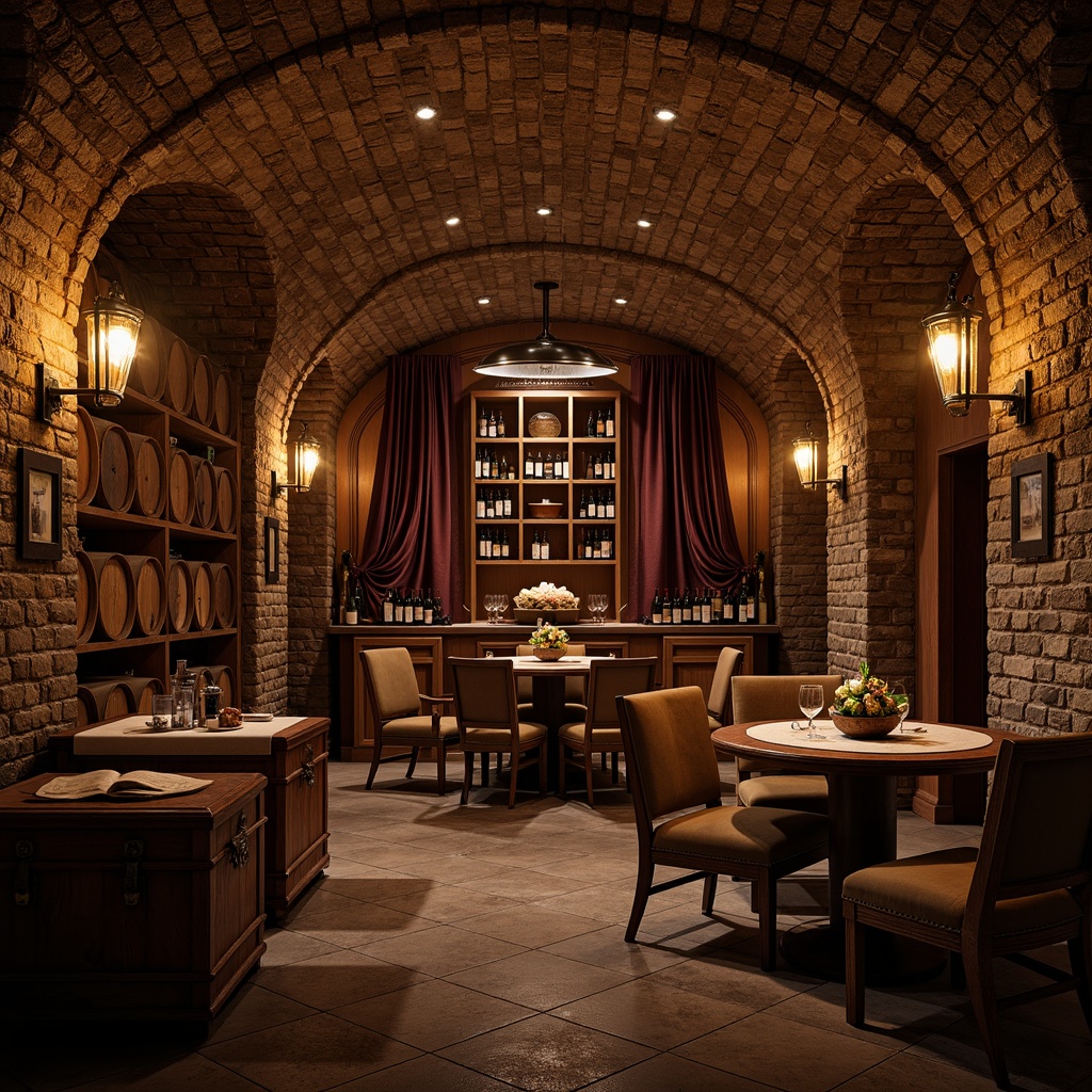 Prompt: Rustic wine cellar, earthy tones, wooden barrels, dim warm lighting, stone walls, brick arches, wooden crates, vintage wine bottles, ornate metalwork, rich velvet drapes, soft candlelight, intimate seating areas, dark wood furniture, leather-bound tomes, ancient maps, rich aromas, aged oak, mysterious ambiance, dramatic shadows, 1/1 composition, atmospheric lighting, realistic textures.