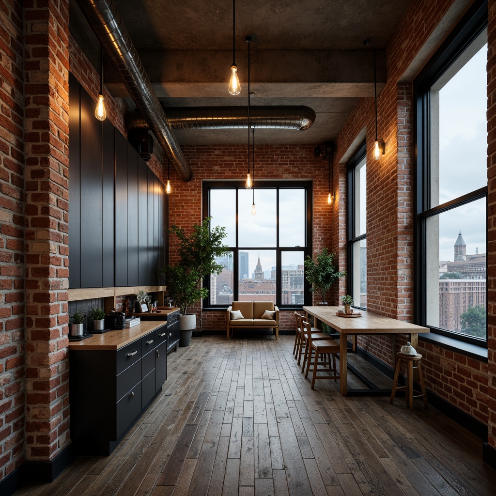 Prompt: Exposed brick walls, industrial-chic metal beams, reclaimed wooden floors, Edison bulb lighting, concrete ceilings, urban loft atmosphere, modern minimalist decor, functional pipes, steel windows, metallic accents, distressed finishes, urban cityscape views, cloudy grey sky, dramatic shadows, low-key warm lighting, shallow depth of field, 2/3 composition, realistic textures, ambient occlusion.