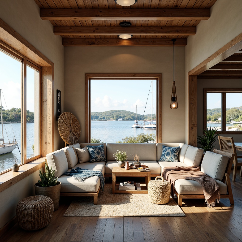 Prompt: Waterfront boathouse interior, nautical theme, warm beige walls, reclaimed wood accents, soft blue-grey hues, natural textiles, woven wicker furniture, rustic metal decor, vintage marine artifacts, cozy throw blankets, plush area rugs, abundant natural light, softbox lighting, 1/1 composition, shallow depth of field, realistic reflections.