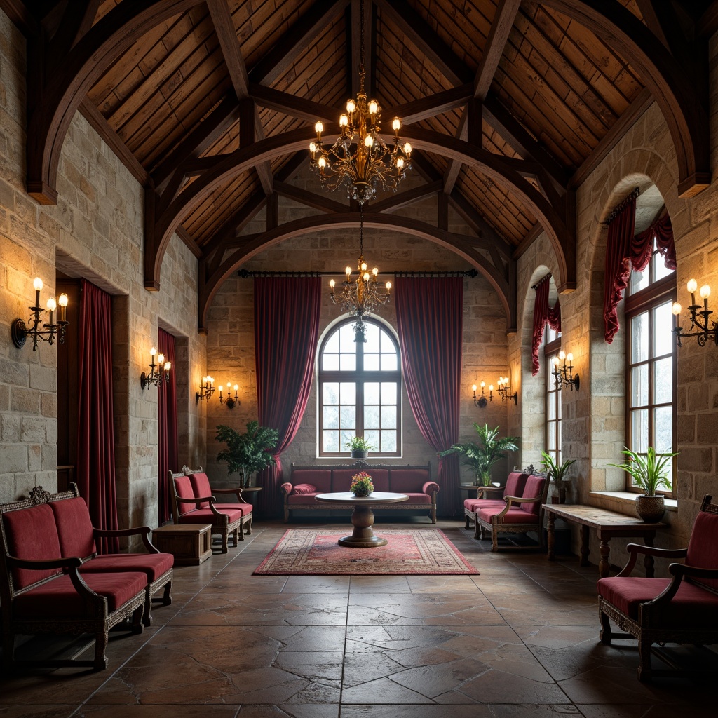 Prompt: Vaulted ceilings, rustic stone walls, wooden beam accents, ornate tapestries, stained glass windows, candlelit ambiance, medieval-inspired furniture, velvet drapes, rich wood tones, intricate carvings, grandiose chandeliers, soft warm lighting, atmospheric mist, 1/1 composition, symmetrical framing, realistic textures, ambient occlusion.