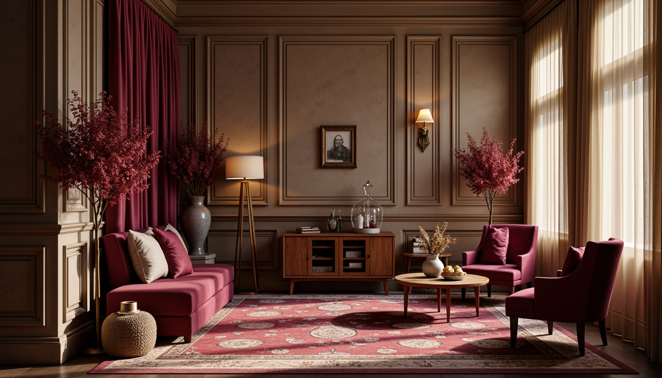 Prompt: Rich plum hues, luxurious velvet textures, golden accents, soft cream tones, warm beige backgrounds, natural wood grain patterns, subtle floral motifs, delicate lace details, ornate metal fixtures, lavish drapery, opulent furnishings, cozy atmospheric lighting, intimate setting, 1/2 composition, soft focus, realistic rendering.