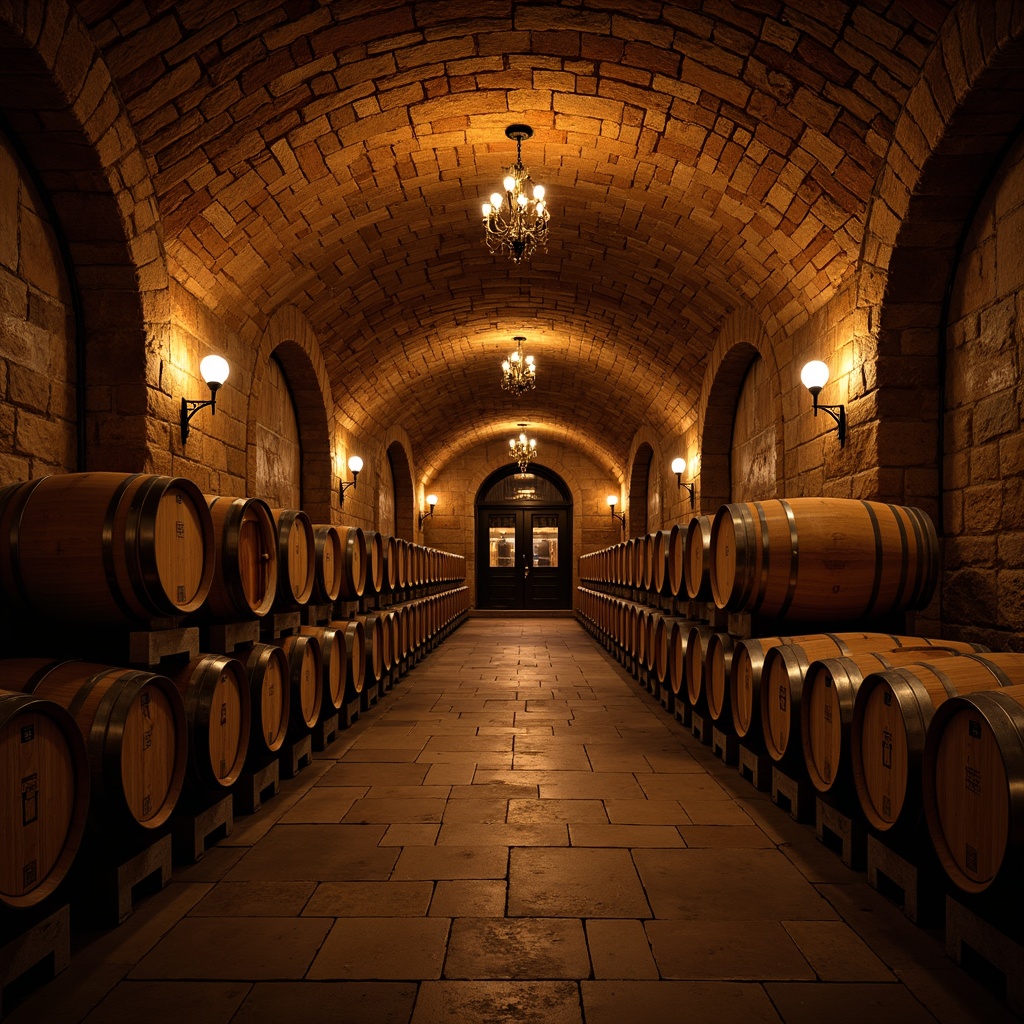 Prompt: Rustic wine cellar, stone walls, wooden barrels, dim warm lighting, soft glow, candle-like ambiance, intimate atmosphere, rich wood tones, earthy smell, vaulted ceiling, brick arches, wrought iron fixtures, ornate chandeliers, warm golden hues, subtle shadows, dramatic spotlights, ambient Occlusion.