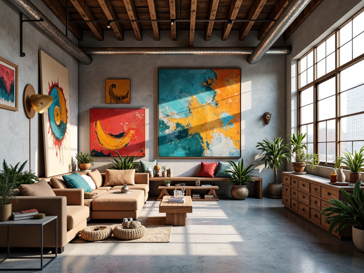 Prompt: Vibrant artistic studio, eclectic mix of colors, bold brushstrokes, abstract shapes, textured canvases, modern art pieces, statement walls, industrial-chic decor, reclaimed wood accents, metal fixtures, urban loft atmosphere, natural light pouring in, high ceilings, concrete floors, minimalist furniture, pops of bright colors, pastel hues, monochromatic tones, analogous color harmony, triadic color scheme, warm and cool neutrals, rich jewel tones, metallic finishes, soft gradient effects, atmospheric perspective, 3/4 composition, realistic textures, ambient occlusion.