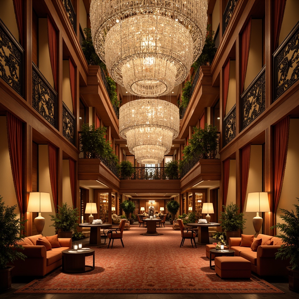 Prompt: Elegant hotel lobby, crystal chandeliers, warm golden lighting, ornate furnishings, rich wood tones, velvet drapes, intricate moldings, luxurious carpets, grand staircases, classic architectural details, soft ambient glow, table lamps, floor lamps, warm color temperatures, cozy reading nooks, intimate seating areas, dramatic high ceilings, opulent decor, sophisticated ambiance, subtle shading, 1/2 composition, realistic textures, soft focus effect.