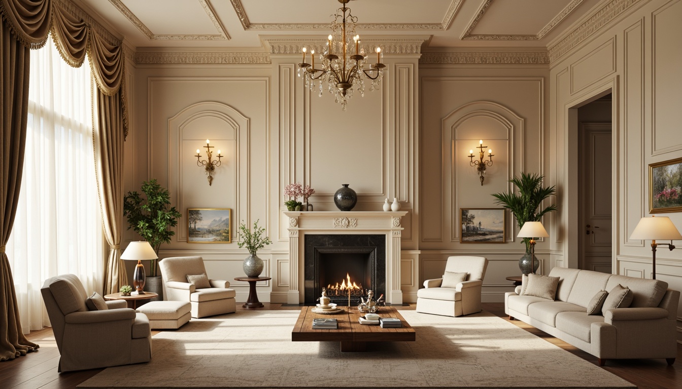 Prompt: Elegant family room, neoclassical wall treatments, ornate moldings, cream-colored walls, rich wood paneling, subtle texture, warm beige tones, soft golden lighting, dramatic ceiling heights, ornamental columns, decorative archways, classic furniture pieces, plush upholstery, luxurious fabrics, subtle patterned rugs, elegant accessories, refined ornaments, sophisticated color palette, harmonious balance, 1/1 composition, natural light pouring in, ambient occlusion.