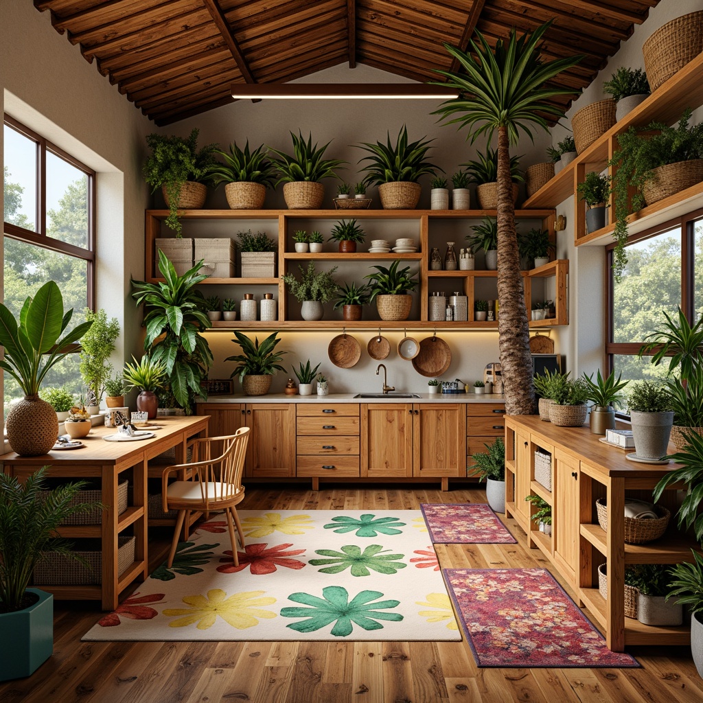 Prompt: Vibrant tropical craft room, reclaimed wood shelves, woven rattan baskets, colorful textile storage bins, natural fiber rugs, palm tree-inspired decorative accents, warm ambient lighting, shallow depth of field, 1/1 composition, realistic textures, ambient occlusion, spacious open layout, modern minimalist design, eco-friendly materials, innovative shelving systems, hanging planters, lush greenery, bamboo cabinetry, wooden workbenches, artistic studio-style lighting, relaxed cozy atmosphere.