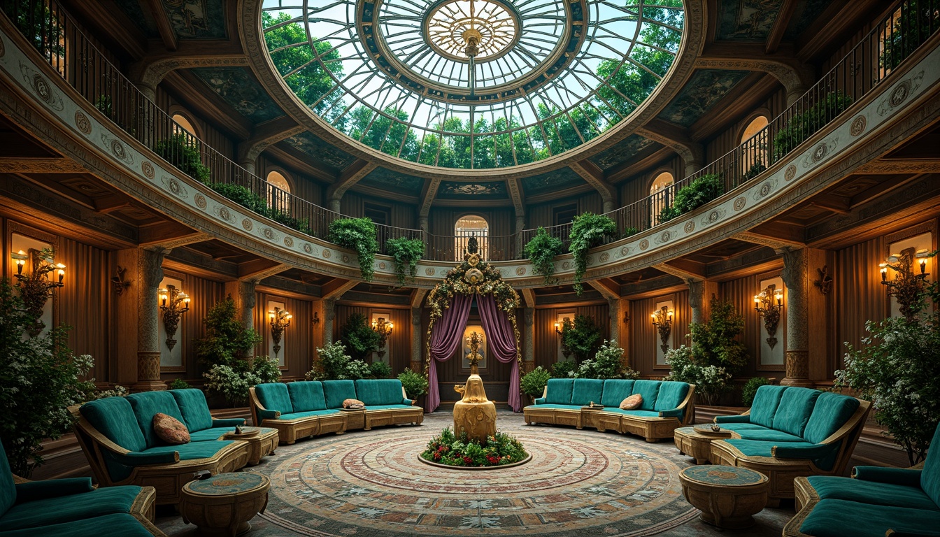 Prompt: Intricate Art Nouveau amphitheater, flowing organic lines, ornate ironwork, grandiose architecture, rich jewel-toned colors, emerald green, sapphire blue, amethyst purple, golden accents, luxurious velvet fabrics, intricate mosaics, ornate sculptures, soft warm lighting, dramatic shadows, 1/2 composition, romantic atmosphere, whimsical details, nature-inspired motifs.