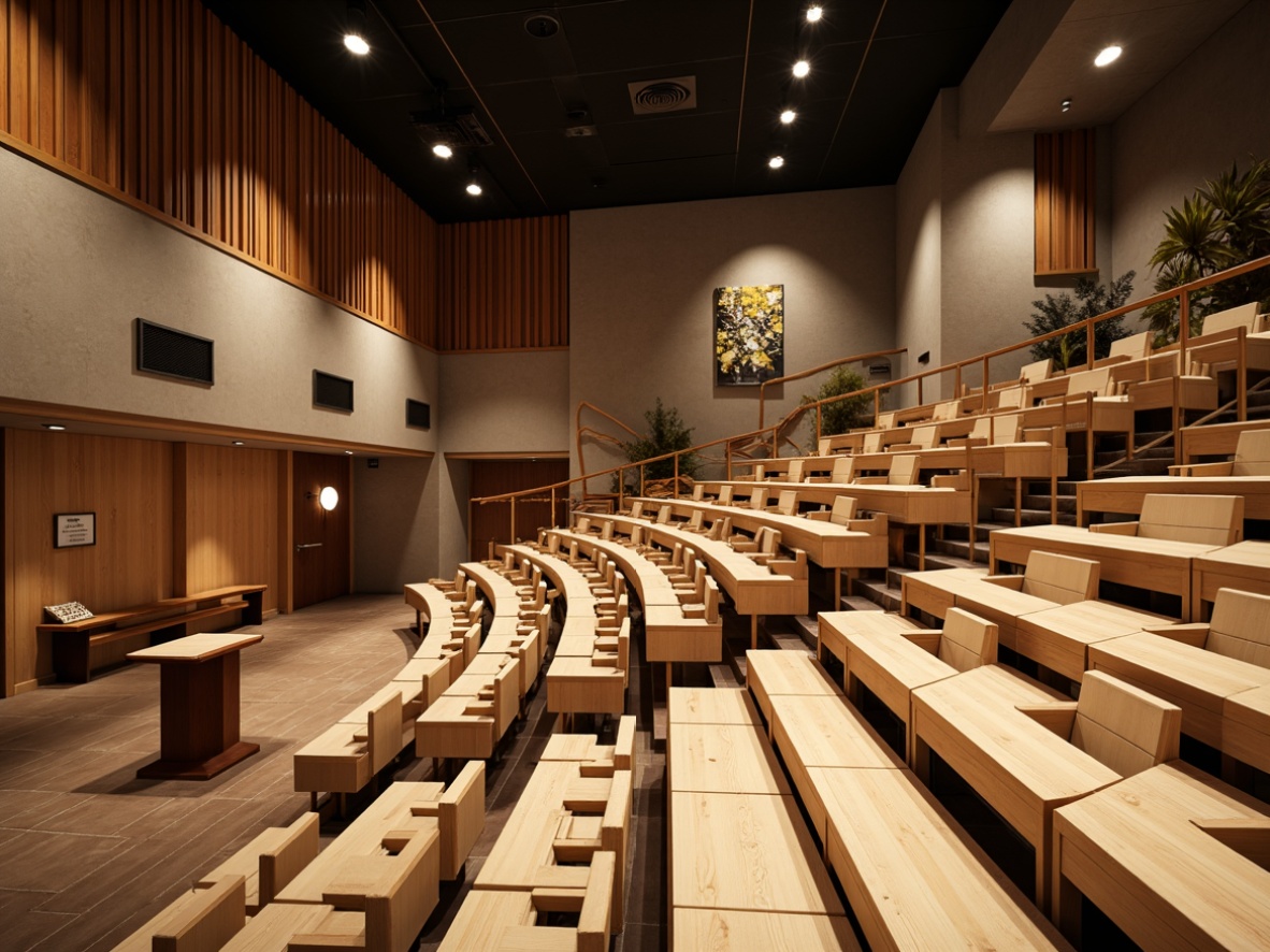 Prompt: Modern auditorium interior, academic setting, wooden flooring, tiered seating, curved rows of chairs, sound-absorbing acoustic panels, minimalist walls, sleek metal railings, warm soft lighting, subtle color scheme, educational posters, audio-visual equipment, podium for lectern, natural stone accents, high ceilings, geometric patterns, ambient illumination, shallow depth of field, 1/1 composition, realistic textures.