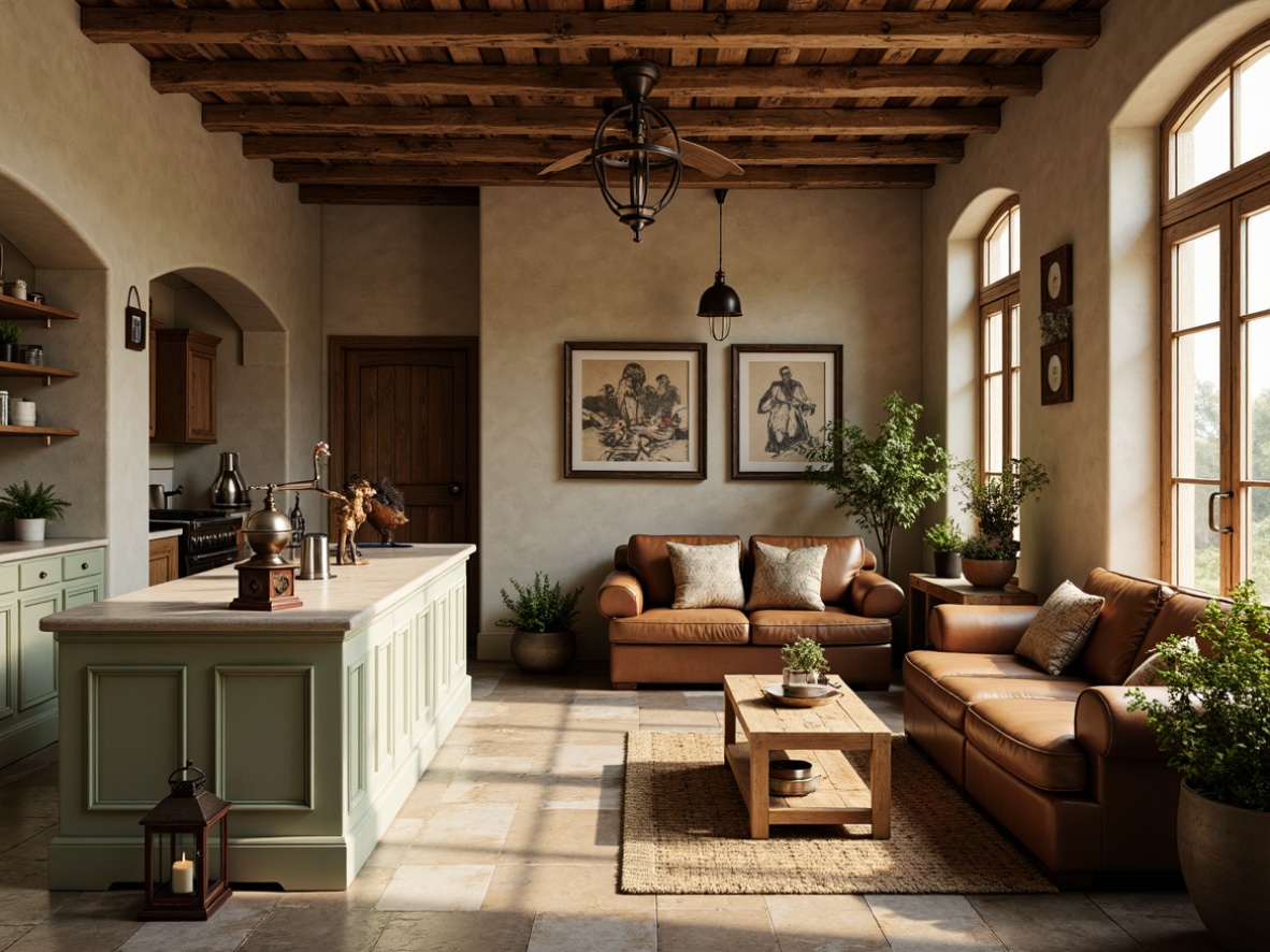 Prompt: Rustic farmhouse, vintage coffee grinders, distressed wood accents, earthy tones, warm beige walls, soft sage greenery, creamy white countertops, rich brown leather sofas, antique metal lanterns, natural stone floors, cozy atmosphere, warm golden lighting, shallow depth of field, 1/1 composition, realistic textures, ambient occlusion.