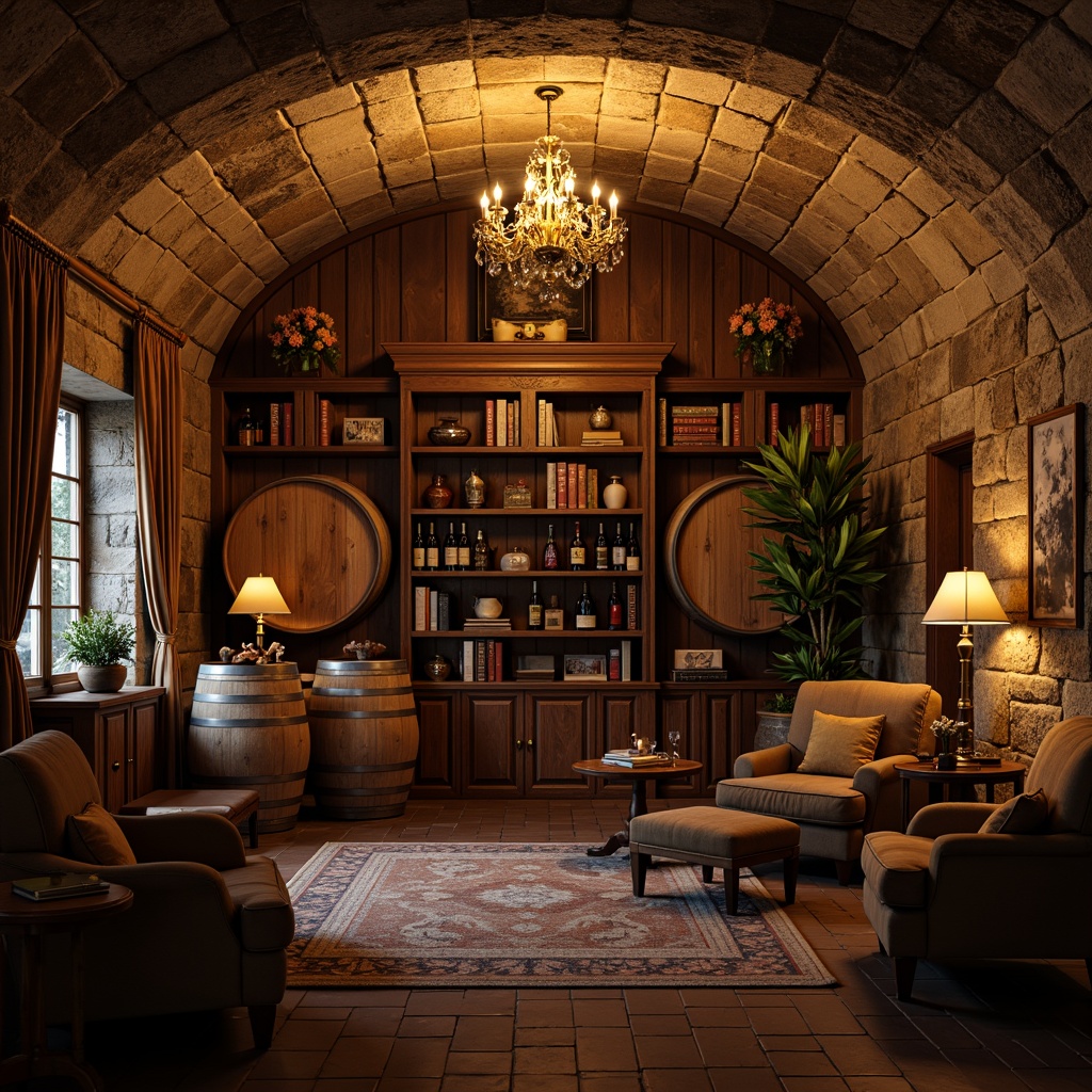 Prompt: Rustic wine cellar, stone walls, wooden barrels, dim warm lighting, rich wood tones, ornate metalwork, elegant chandeliers, vintage wine bottles, dusty old books, classic furnishings, luxurious velvet drapes, earthy aroma, soft golden glow, shallow depth of field, 1/2 composition, realistic textures, ambient occlusion.