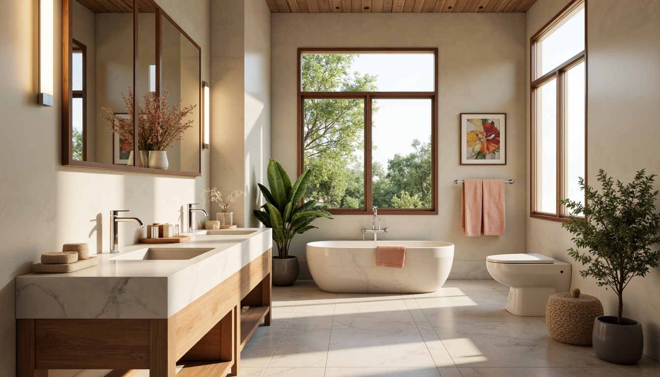 Prompt: Calming bathroom atmosphere, soft natural lighting, warm beige walls, creamy white marble countertops, gentle grey stone floors, modern minimalist faucets, sleek chrome fixtures, spa-inspired ambiance, earthy terracotta accents, lush greenery, botanical prints, soft peach towels, warm wood cabinetry, subtle texture contrasts, 1/2 composition, realistic renderings, ambient occlusion.