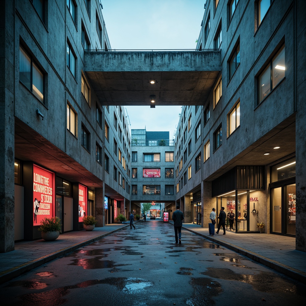 Prompt: Exposed concrete walls, rugged textures, industrial aesthetic, bold color accents, neon signage, urban landscape, overcast sky, dramatic lighting, deep shadows, graphic shapes, brutalist architecture, functional design, institutional atmosphere, stainless steel equipment, cold tone flooring, abstract art installations, moody ambiance, cinematic composition, high contrast ratio, 1/2 format framing.