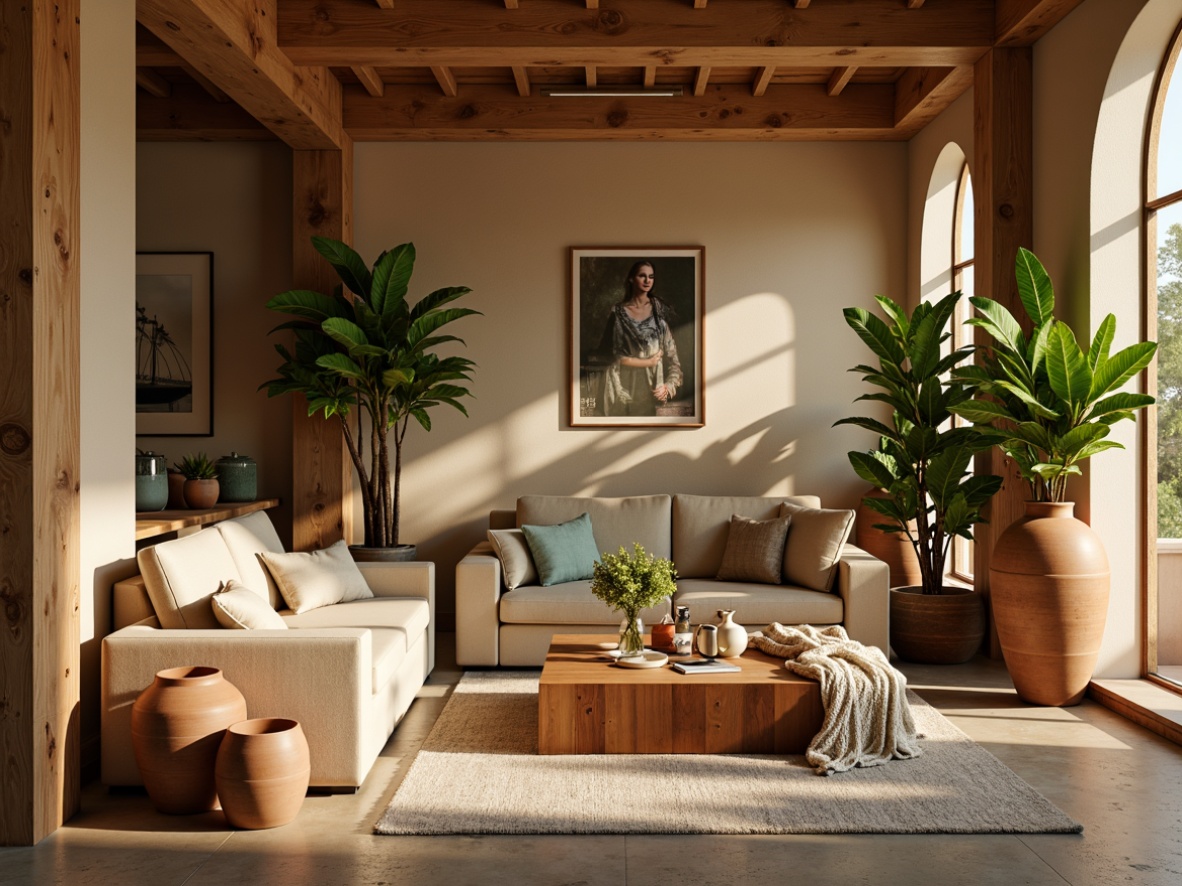 Prompt: Warm beige walls, rich wood accents, soft golden lighting, plush velvet furniture, natural linen textures, earthy terracotta pots, lush greenery, vibrant floral arrangements, subtle cream tones, inviting turquoise hues, cozy throw blankets, rustic wooden decorations, comfortable seating areas, serene atmosphere, warm ambient glow, 1/1 composition, intimate close-ups, realistic renderings.