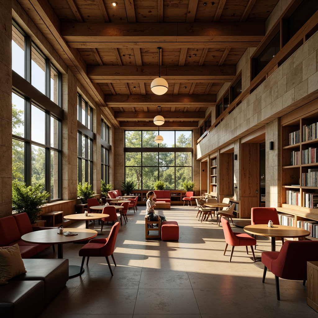 Prompt: Warm and inviting university library, soft warm lighting, wooden tables, comfortable chairs, floor lamps, bookshelves, natural stone walls, large windows, greenery views, cozy reading nooks, collaborative study areas, modern minimalist decor, subtle color schemes, ambient occlusion, realistic textures, shallow depth of field, 3/4 composition, panoramic view.