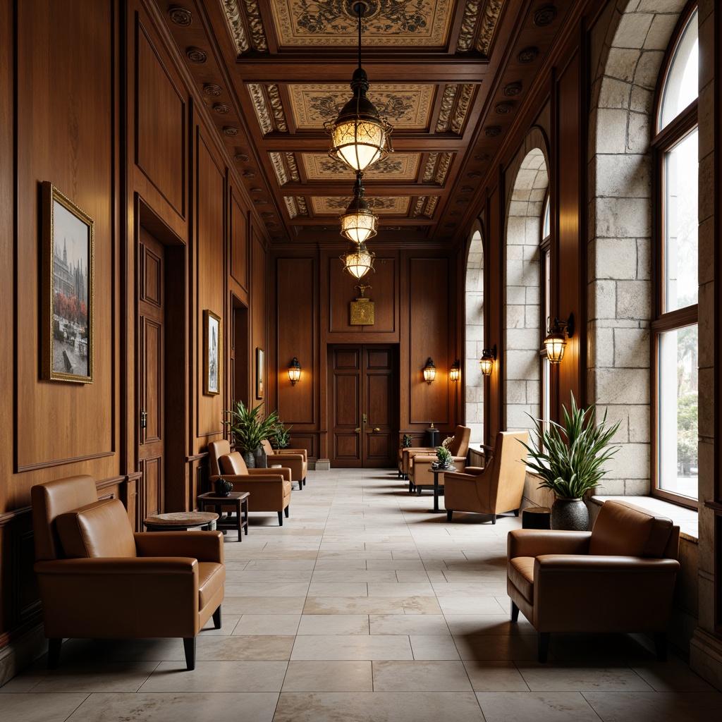 Prompt: Elegant university hallways, rich wood paneling, ornate plaster ceilings, sophisticated chandeliers, comfortable leather armchairs, traditional wooden desks, vintage-inspired pendant lamps, distressed stone walls, refined metal accents, warm earthy tones, soft natural lighting, shallow depth of field, 1/2 composition, realistic textures, ambient occlusion.