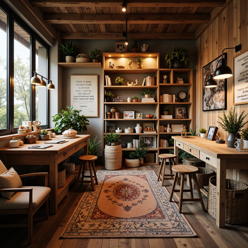 Prompt: Cozy craft room, warm wooden tables, eclectic decorative items, task-oriented lighting, flexible track lights, pendant lamps, soft warm glow, natural textiles, woven baskets, earthy color palette, rustic wooden shelves, organized storage solutions, inspirational quotes, calming ambiance, comfortable seating areas, floor-to-ceiling windows, abundant natural light, sheer curtains, 1/1 composition, softbox lighting, realistic shadows.