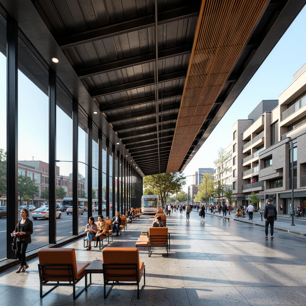 Prompt: Functional bus station, angular steel beams, industrial materials, minimalist aesthetic, rectangular forms, primary color accents, geometric patterns, tubular metal chairs, leather upholstery, marble flooring, large windows, natural light, urban landscape, busy streets, modern cityscape, shallow depth of field, 1/1 composition, high contrast lighting, realistic textures, ambient occlusion.