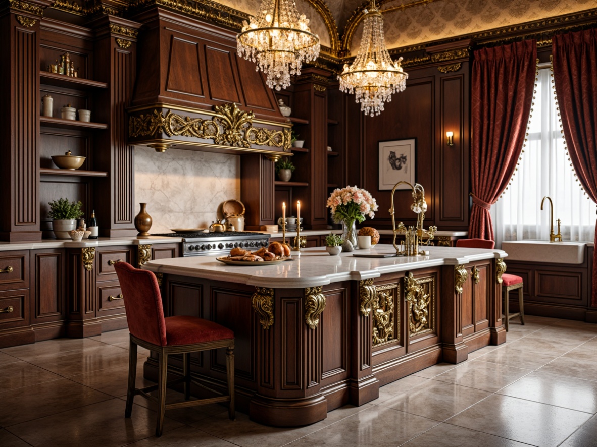 Prompt: Ornate kitchen island, gilded carvings, rich dark wood tones, velvet upholstery, golden hardware, intricate moldings, crystal chandeliers, grandiose cabinetry, ornamental corbels, luxurious marble countertops, opulent fabrics, lavish curtains, warm candlelight, soft focus, shallow depth of field, 1/1 composition, realistic textures, ambient occlusion.