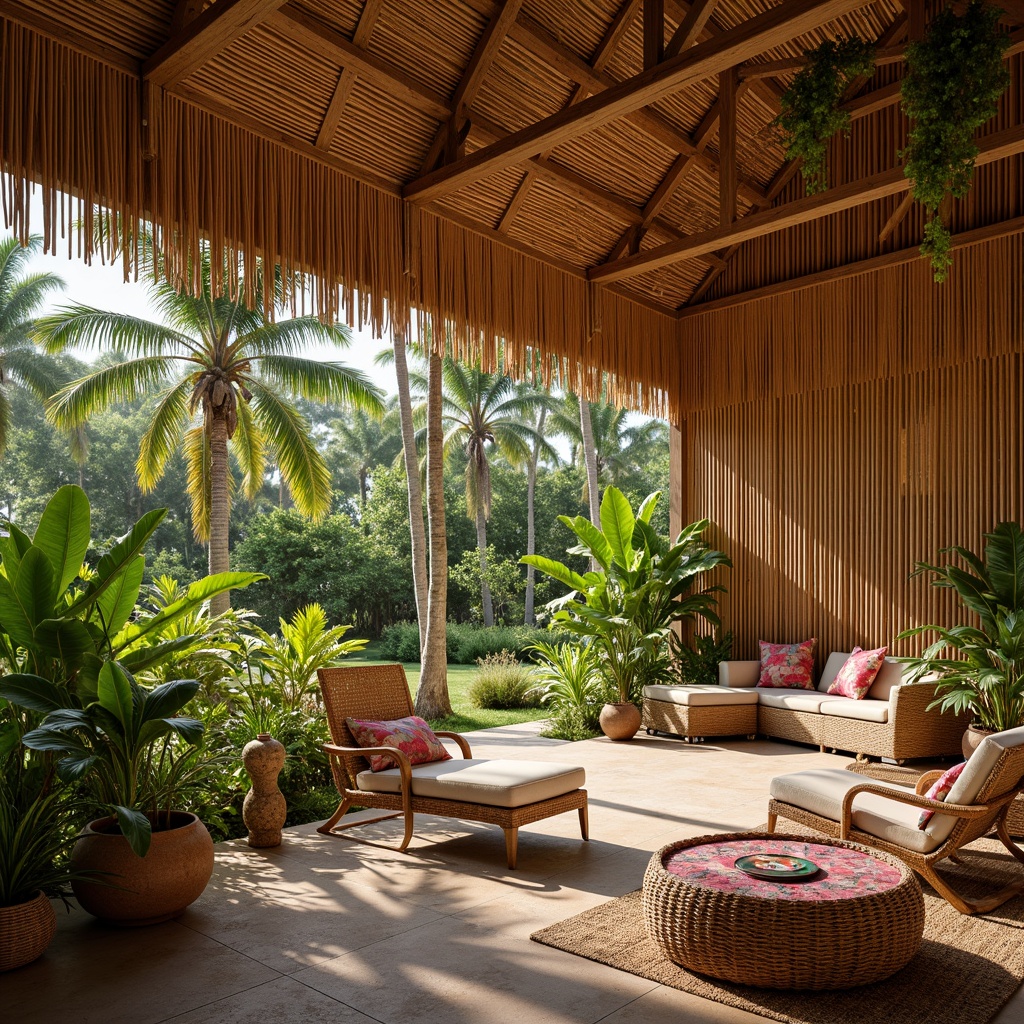 Prompt: Vibrant tropical hut, woven bamboo walls, natural rattan furniture, exotic palm trees, lush greenery, colorful floral patterns, warm sunny day, soft diffused lighting, shallow depth of field, 1/1 composition, intimate atmosphere, earthy tone colors, organic textures, rustic wooden accents, woven textile details.