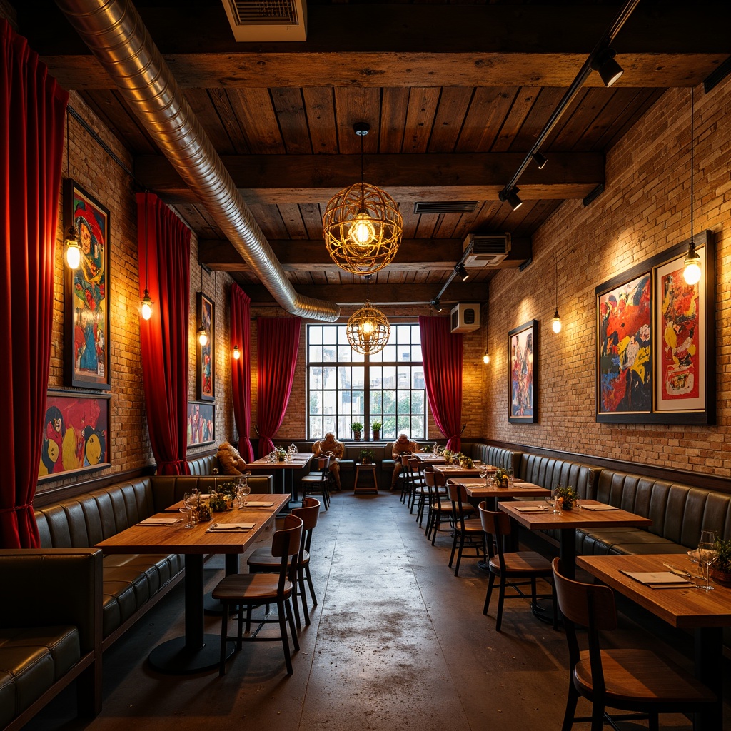 Prompt: Vibrant restaurant interior, eclectic expressionist style, ornate metal chandeliers, Edison bulb pendant lights, industrial-chic exposed ductwork, reclaimed wood accents, rich velvet drapes, bold abstract artwork, distressed brick walls, rustic wooden tables, vintage-inspired chairs, warm candlelight, soft ambient glow, shallow depth of field, 1/2 composition, cinematic lighting, dramatic shadows, realistic textures.