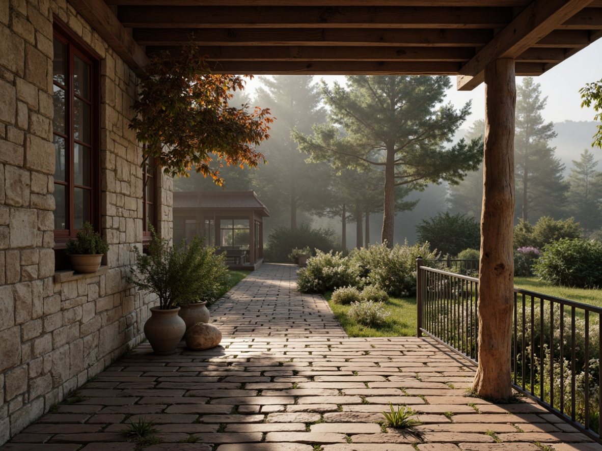 Prompt: Rustic stone walls, distressed wooden planks, worn metal accents, rough-hewn brick surfaces, earthy color palette, natural landscape, serene forest surroundings, misty atmosphere, soft warm lighting, shallow depth of field, 3/4 composition, panoramic view, realistic textures, ambient occlusion, organic forms, irregular shapes, imperfect finishes, tactile materials, immersive environment.