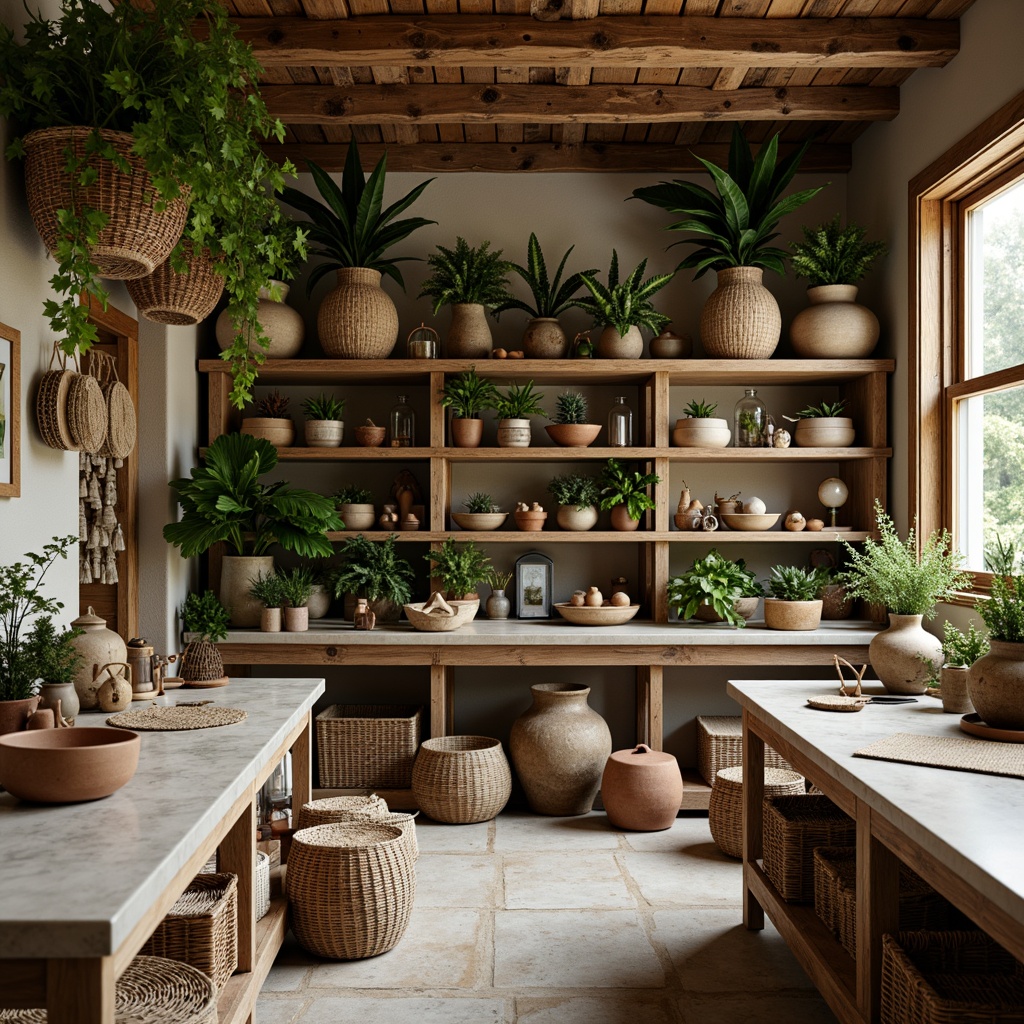 Prompt: Whimsical craft room, reclaimed wood shelves, woven wicker baskets, lush green plants, natural stone countertops, earthy terracotta vases, woven fibers textiles, wooden crafting tables, vintage metal lanterns, warm soft lighting, shallow depth of field, 1/1 composition, rustic wooden accents, botanical prints, organic shapes, calming color palette, serene atmosphere.