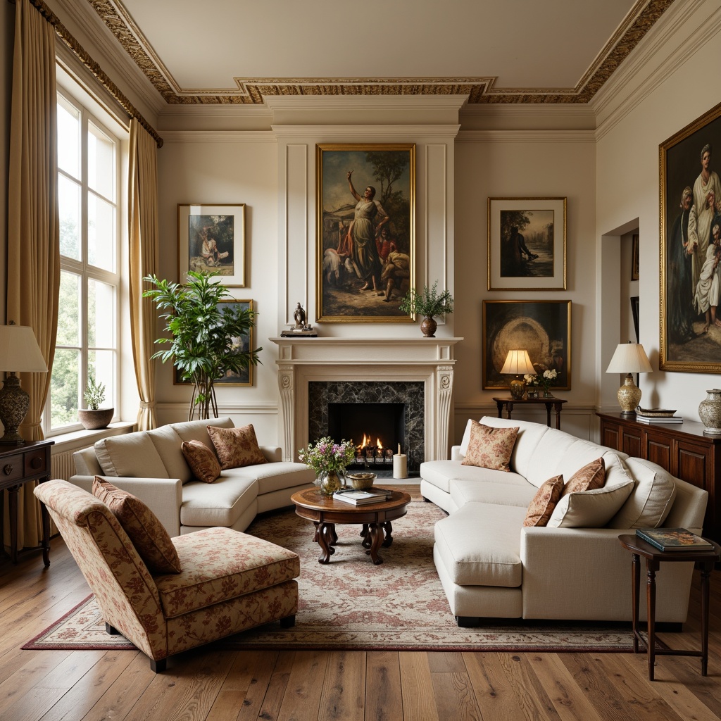 Prompt: Elegant family room, neoclassical furniture arrangement, cream-colored sofas, velvet armchairs, ornate wooden coffee tables, antique bronze lamps, intricate carvings, rich fabrics, subtle patterns, warm beige walls, high ceilings, large windows, natural light, soft warm lighting, 1/1 composition, shallow depth of field, realistic textures, ambient occlusion.